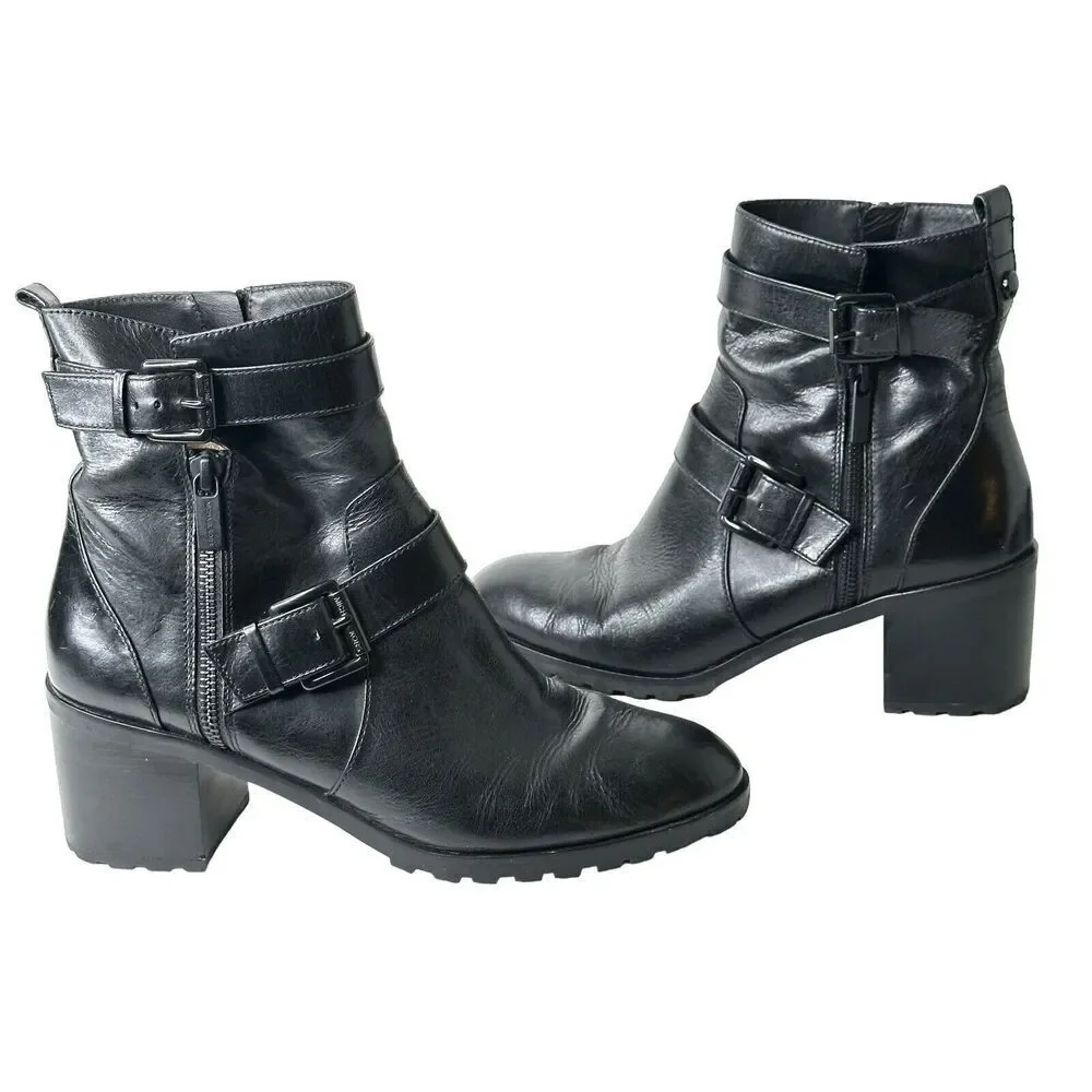Michael Kors Gretchen Mid Heel Bootie Black Leather Moto Chunky Lug Sole 9M